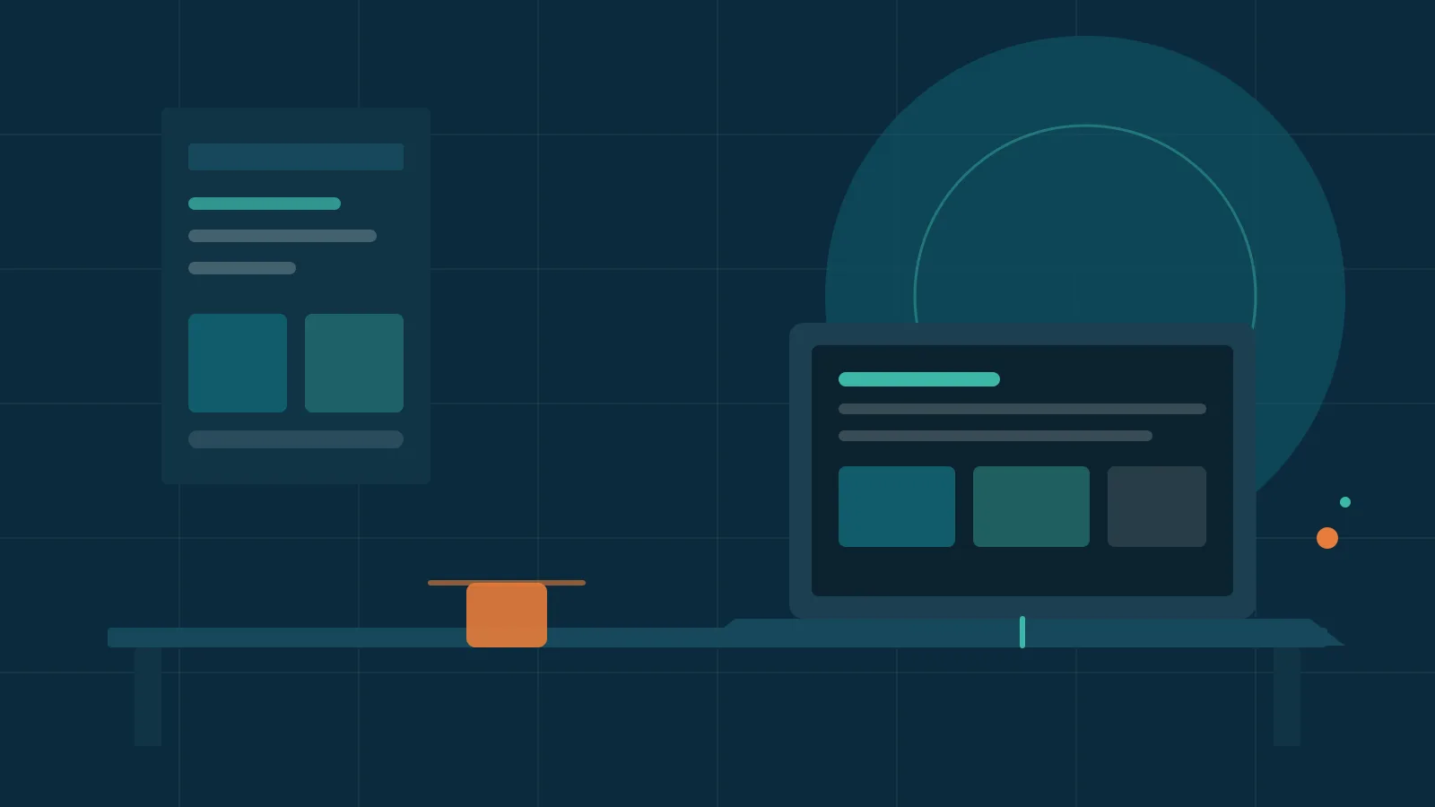 Ilustração de uma mesa de trabalho com notebook, planta e linhas arquitetônicas