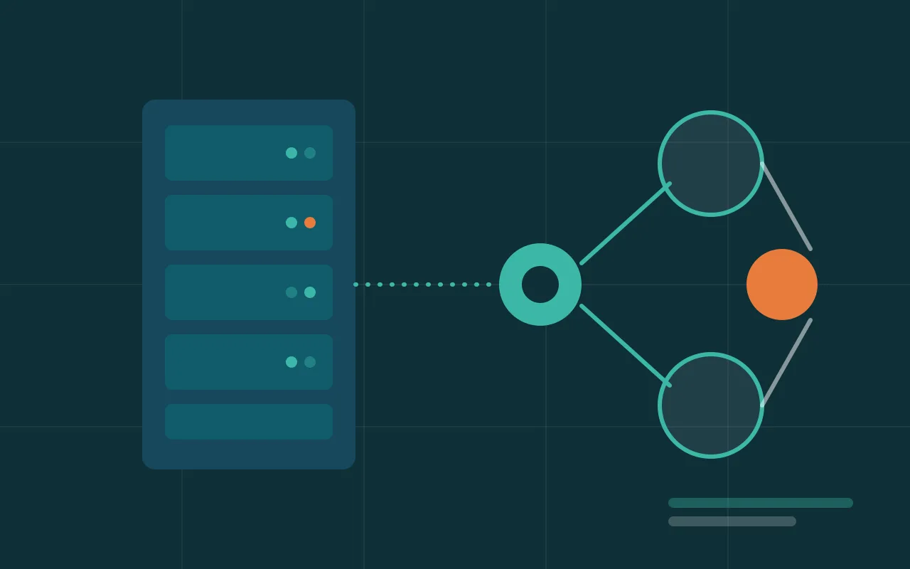 Ilustração de servidores em rack conectados a nós de integração